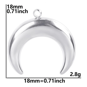 Detail view of silver crescent moon pendant with 18mm size and 2.8g weight specifications
