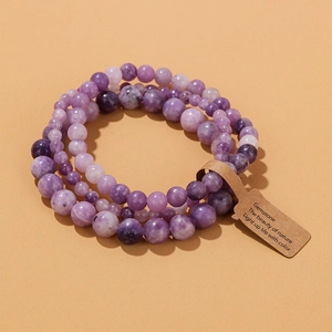 Three-piece set of purple gemstone beads bracelets with natural texture and paper tag