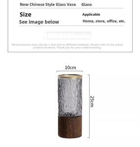Detail view of grey hammered glass vase with wooden base and metal trim dimensions