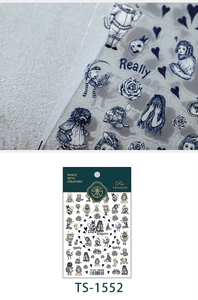 Detail of dark gothic 5D nail stickers featuring blue skulls, roses, and girls on card