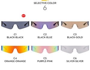 Selective color chart showing six Y2K futuristic rimless sports sunglasses in various tints