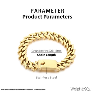Detail view of 15mm gold Cuban link chain for men showing 225mm length and dimensions
