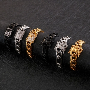 18K gold-plated stainless steel Cuban link bracelets in gold, silver, and black finishes