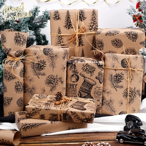 Christmas Wrapping Paper Kraft Paper Double Sided With Cutting Grid Lines Retro Pine Cone Tree Patterns Holiday Gift Wrap