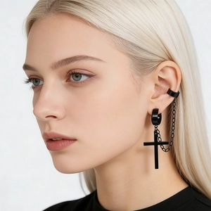 Gothic black stainless steel cross earrings with chain link and ear cuff for men and women