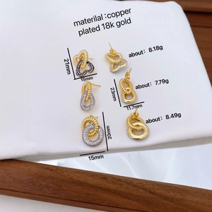 Three pairs of 18K gold plated copper earrings with zircon inlay in heart and knot designs