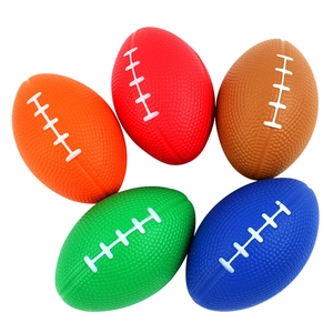 Five colorful PU foam mini American football stress balls in bright assorted colors