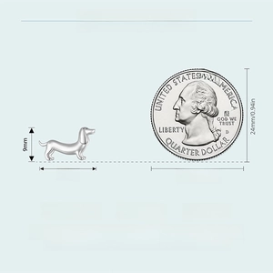 Detailed size reference of S925 silver dachshund stud earrings with a quarter coin
