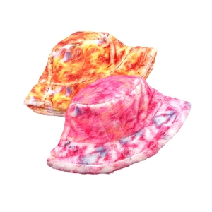 Colorful tie-dye plush bucket hats in orange and purple for autumn winter warmth