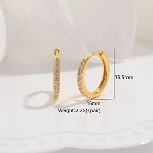 S925 sterling silver hoop earrings in gold with zircon stones measuring 15.5mm by 16mm