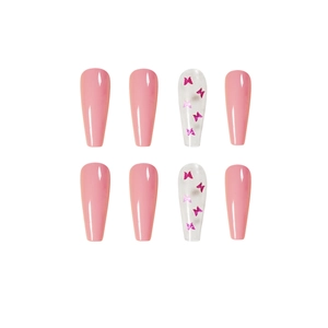 Pink laser butterfly press-on nails set in long coffin shape with glossy finish