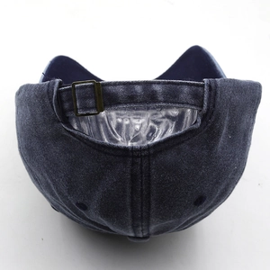 Detail showing vintage washed denim baseball cap with adjustable metal slider buckle back