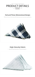 Detail of dark blue and light grey plaid pocket squares with high-density silky texture