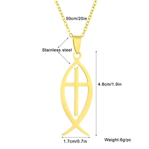 Detail view of gold stainless steel fish cross pendant with specific size and weight data