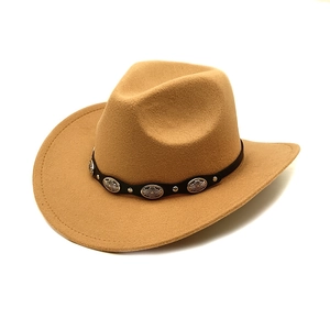 Classic western wool felt cowboy hat in tan with decorative leather band and silver buckles