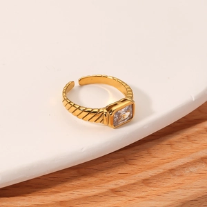 Minimalist 18k gold plated stainless steel square zircon ring with adjustable open band