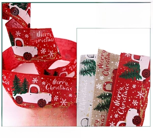 Detail of Christmas wired ribbon showing truck prints and easy shape-holding wire