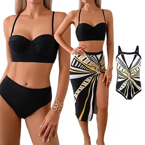 Maillot De Bain Bikini Armatures Imprimé Taille Haute Pour Femme Avec Jupe Tenue De Plage Assortie Parent Enfant Polyester