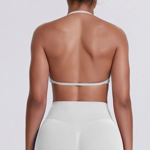 Detail of cross-back high-elastic yoga bra with racerback design and seamless fabric