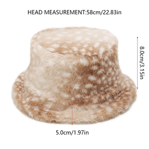 Size specifications for deer print faux fur bucket hat showing 58cm head circumference