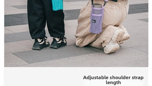 Detail of adjustable shoulder strap on purple mesh water bottle carrier bag