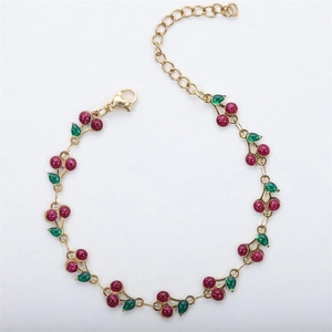 18k gold plated stainless steel bracelet with red glitter cherry charms for women
