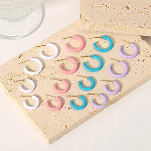 Stainless Steel C-Shaped Hoop Earrings For Women Macaron Colorful Enamel Geometric Ear Studs Non-Fading Fashion Jewelry Accessory