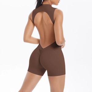 Women's backless sports bodysuit in coffee brown with scrunch bum lifting detail