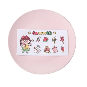 Cute summer cartoon waterproof PVC stickers for water bottles and notebooks on a pink plate