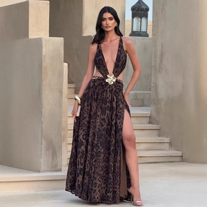 Sexy leopard print maxi dress with deep V-neck, waist cut-outs and high side slit