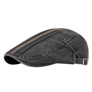 Vintage dark gray washed cotton ivy cap with striped accents and metal buckle