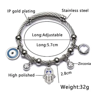 Bracelet ajustable en acier inoxydable avec œil porte-bonheur et main de Fatma