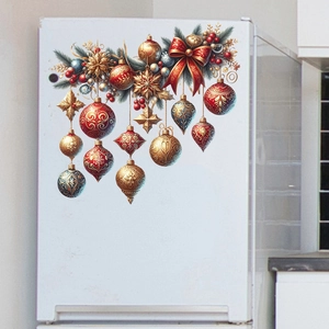 Christmas bauble wall stickers with red bows and gold stars for fridge decoration
