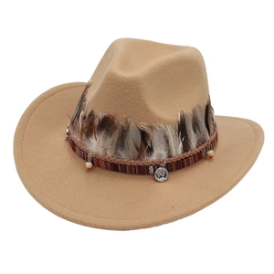 Western Cowboy Hat Ethnic Style Wool Felt Wide Brim With Feather Braided Band Metal Coin Decor For Men Women