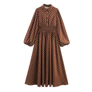 Polka Dot Maxikleid Chiffon Hemdkragen Laternenärmel Gesmokte Elastische Taille Vintage Elegantes Langes Kleid Damen