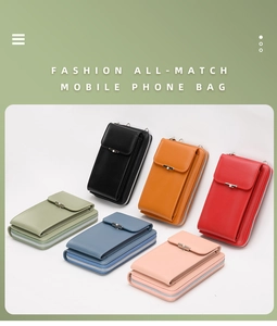 Detail view of colorful PU leather crossbody phone bags with metallic buckle and zippers