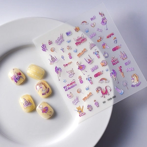Sweet 5D embossed nail stickers featuring purple castle and unicorn fantasy designs