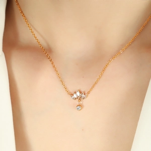 French style 18K gold plated necklace with crystal leaf pendant and zircon drop