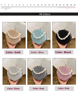 Shell-shaped glitter evening clutches with pearl handles and gold chains in six colors