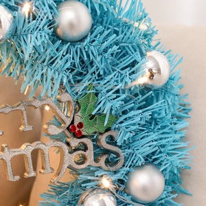 30cm Blue Christmas Wreath with Silver Ornaments and Warm LED Lights Decoration