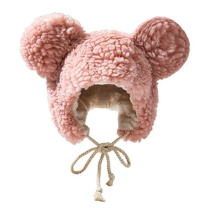 Cute pink plush Mickey ear winter hat for kids with windproof earflaps and straps