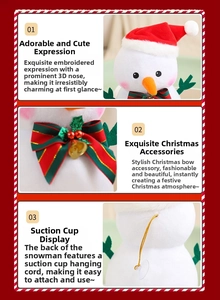 Detailed views of plush snowman with embroidered face, bow tie, and suction cup hanger