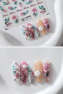 Detailed 3D embossed pink rose flower nail art stickers with vintage lettering on white