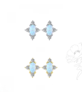 Detail of s925 silver and gold star earrings with blue opal and clear zircon stones