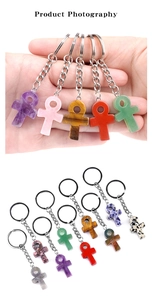 Detailed view of assorted amethyst and gemstone Ankh keychains for DIY home decoration