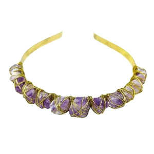 Handmade gold tiara featuring natural raw amethyst crystals for bridal and wedding headwear