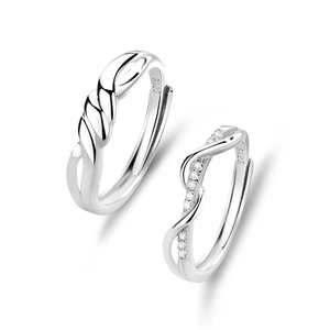 Elegant S925 sterling silver couple rings set with minimalist twisted rope design and pavé stones