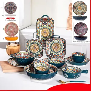 Bohemian Ceramic Tableware Mandala Pattern Dinnerware Plates And Bowls Microwave Safe Retro Exotic Kitchen Dining Home