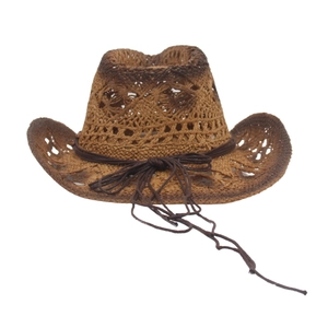 Detail view of brown gradient straw cowboy hat with hollow weave and decorative cord