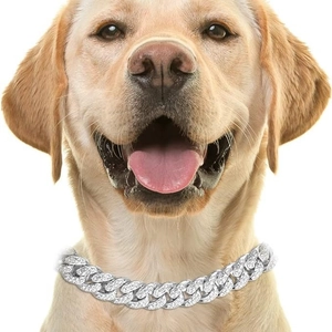 Iced-out silver Cuban link pet necklace with rhinestones on a Labrador dog